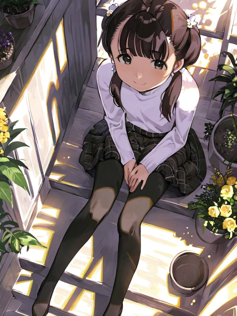 03206-1503235738-_lora_comicloa1_xl_1_,1girl, solo, pantyhose, sitting, flower, skirt, twintails, sitting on stairs, from above, black eyes, stai.png